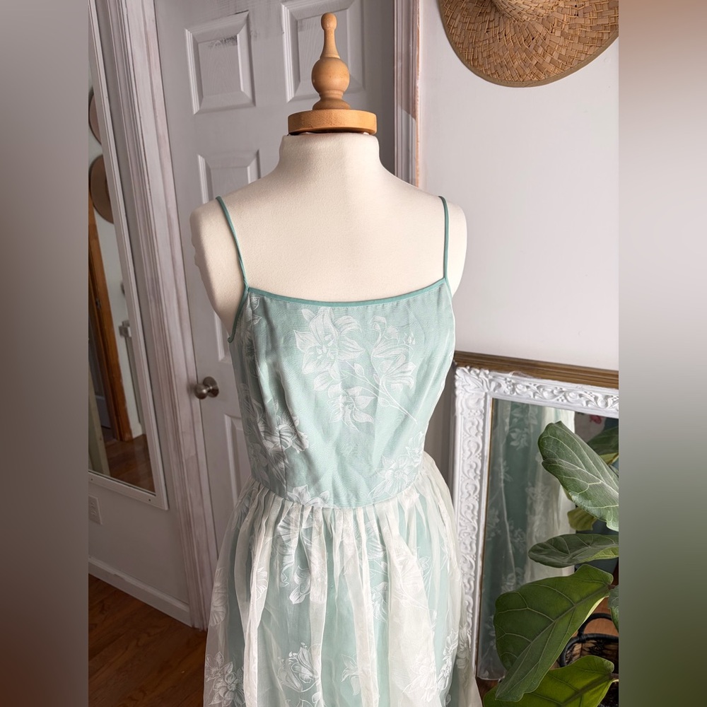 Vintage Dana Buchman Lined Silk Maxi Dress Mint Green Floral Sz 8 Cottagecore - Picture 2 of 9